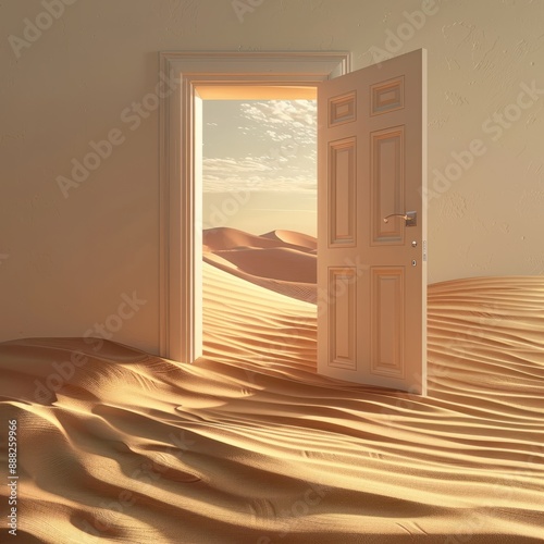 Opened door on desert. Unknown and start up concept. This is a 3d illustration Job ID: a8729566-5944-47f1-915d-afd780d3eb25