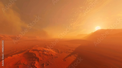 the surface of Mars, red sands, towering Olympus Mons in the distance, sunset casting long shadows, dust storm on the horizon