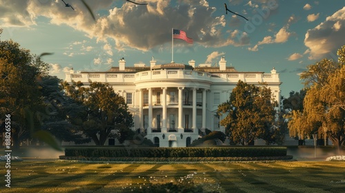 The White House in Washington with the USA flag on it