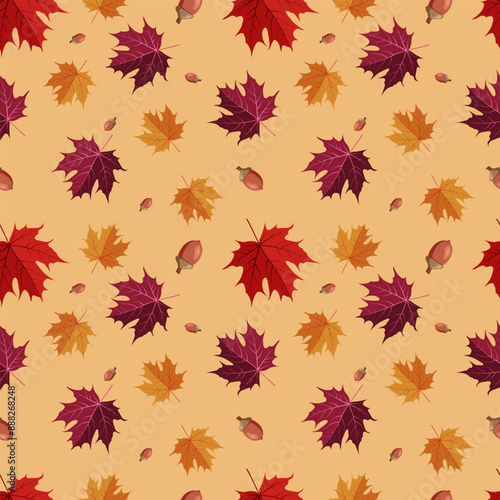 autumn seamless pattern on a beige background, autumn maple leaves, vector illustration