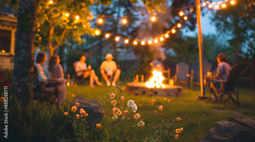 Group of people enjoys cozy evening around backyard campfire, surrounded by lush greenery and illuminated by hanging string lights, creating warm and inviting atmosphere.