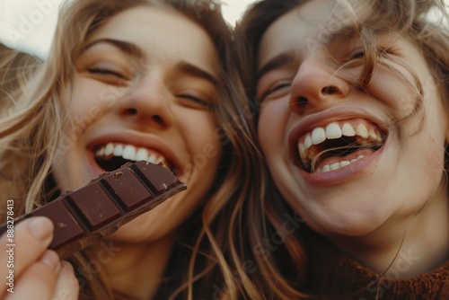 Two women enjoying a moment, each holding a piece of chocolate