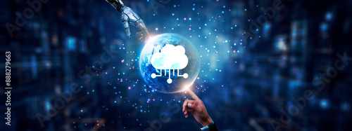 Cloud Computing: Hands of robot and human touching on cloud computing icon global network connection, scalability, cybersecurity, virtualization, automation, and artificial intelligence technology.