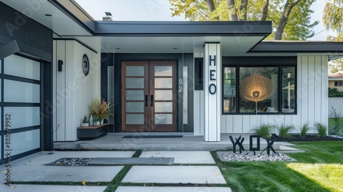 The front entry of a suburban mid-century modern home with a bespoke door and artistic house numbers