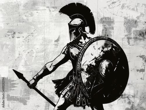 A sketched image featuring a Spartan warrior brandishing both a longsword and a shield