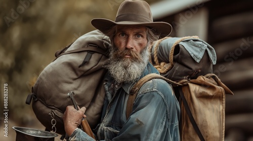 Evocative portrait of a Gold Rush prospector, with rugged clothes and tools, illustrating the adventurous and often perilous search for fortune in the 19th century