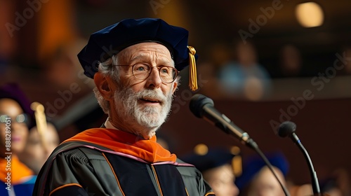 A distinguished professor in academic regalia delivering a speech at a graduation ceremony with students and faculty in the background