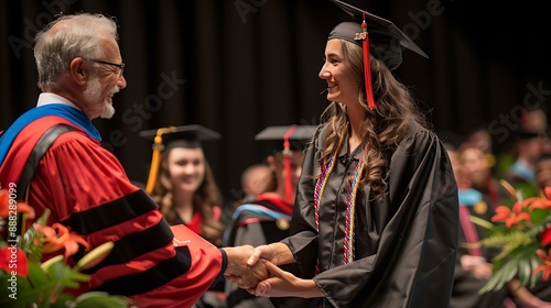 A professor shaking hands with graduates as they receive their diplomas on stage during a commencement ceremony