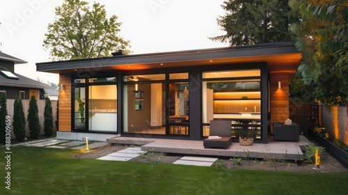 modern guest house in the backyard of a suburban contemporary home, with sustainable features and compact design