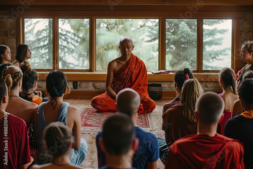 Buddhist monk teaching meditation to a group of diverse students indoors