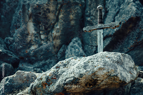 A sword is on a rock in front of a large rock wall.