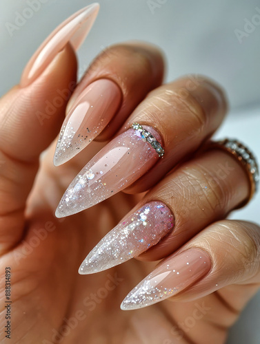 Sparkling Elegance: A Close-Up of Delicate, Glitter-Dusted Nails