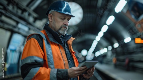 Railway worker with tablet computer . Railway employee in working clothes works with tablet computer. Railway engineer waiting for the train arrived at platform.