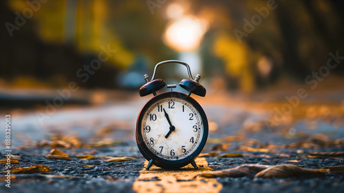 A clock standing in the middle of a street in a city, with no car traffic. A clock that resembles a stopwatch and measures time and the passage of life.