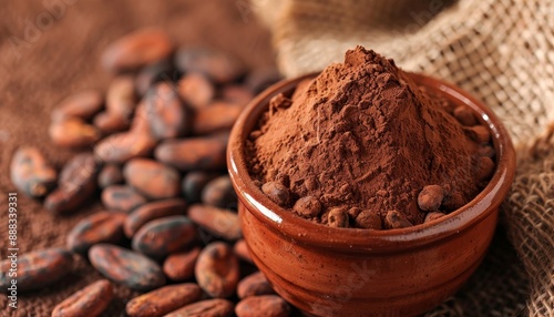 Ingredients for making chocolate and sweets unprocessed cocoa beans dark cocoa powder raw chocolate in a bowl and on a sacking close up