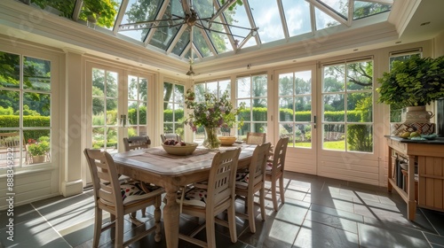 suburban farmhouse with a large, sun-drenched conservatory used as a dining room, surrounded by glass walls that offer views of the sprawling gardens