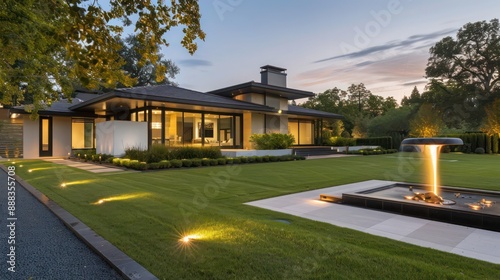 contemporary suburban farmhouse with a spacious front lawn, featuring a minimalist fountain and subtle garden lights