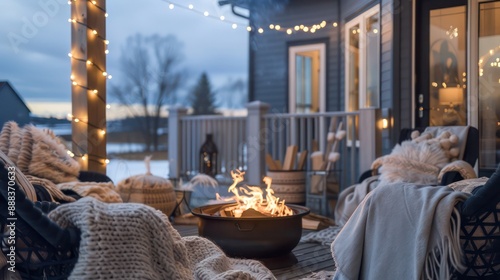 suburban farmhouse with a cozy winter theme, featuring an outdoor fire pit, soft blankets on the porch chairs, and strings of white lights