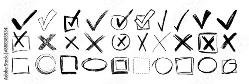 Hand drawn check mark set. Black charcoal pencil check boxes, checklist icons. Crayon sketch checkmark elements. Vector vote checkbox, correct or wrong sign. Doodle circle frames with crosses and tick