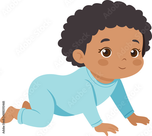 Cute baby crawling in blue outfit on white background