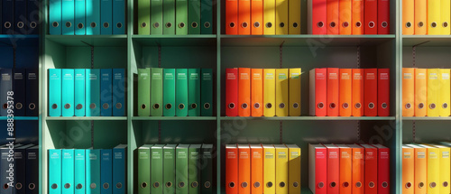 Uniformly placed colorful binders on shelves, creating a visually appealing and organized workspace filled with vibrant hues.