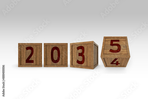 Happy New Year 2035 graphic. Hand flip 2034 to 2035 block.