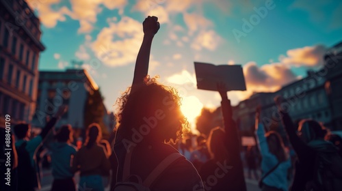 Activists marching during sunset with raised fist