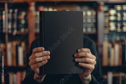 An individual holding a blank book in front of their face, set against a backdrop of bookshelves, embodying mystery and potential stories untold.