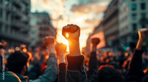 Activists marching during sunset with raised fist