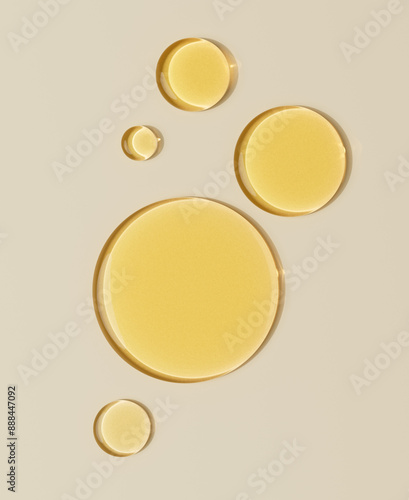 Serum oil sample round shape drops on beige background, 3d rendering vitamin, hyaluronic acids