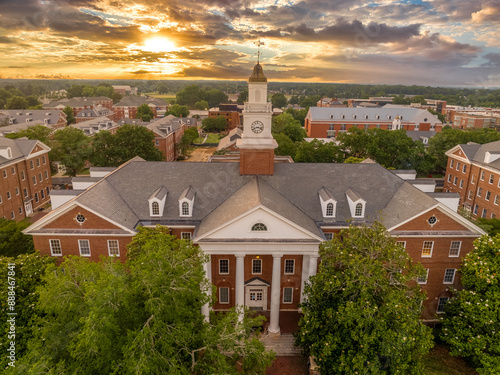 Aerial view of Virginia State University in Petersburg, Virginia Hall central building with stunning dramatic colorful sunset sky