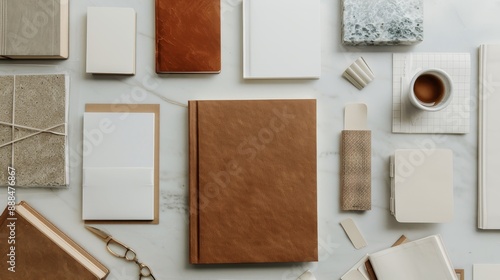 A workshop scene with various stages of bookbinding in progress, featuring manuscripts, binding materials, and paperback covers in a well-organized space