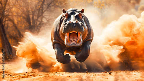 Fierce and Aggressive Hippopotamus Charging with Open Mouth on Dusty Road in Smoky Landscape Powerful Animal Attacking in Nature Environment