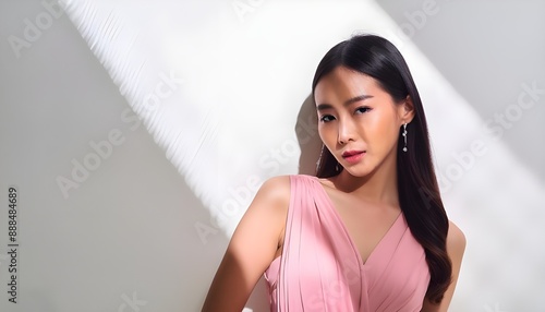 Stylish young fashionable Asian woman in a stunning pink dress, trendy makeup with light shi