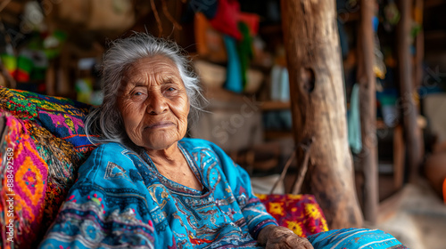 Elderly senior Native-American, Indigenous, First Nations, Indian woman sitting in her traditional hogan home, elderly care, copy space