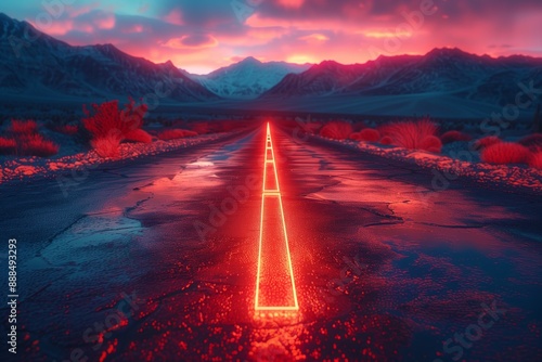 Desert Road with Red Neon Arrows: Path to Success