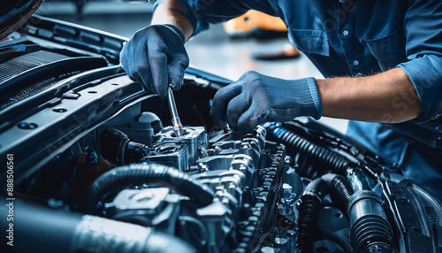 An auto mechanic diligently works on a car engine in an auto repair shop