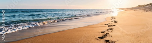 Footprints in the sand along a serene beach at sunset, with gentle waves lapping the shore under a clear sky and golden sunlight.