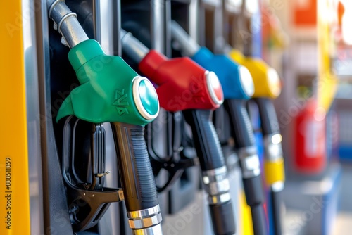 Colorful Fuel Pumps at Modern Gas Station, Bright Refueling Machines, Gasoline Concept