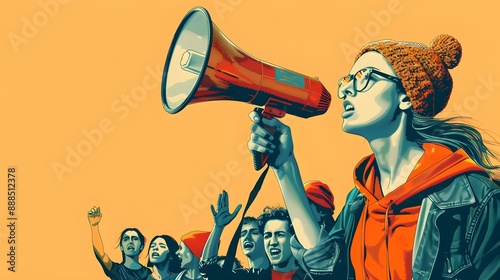 Female activist leading protest with megaphone