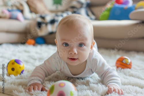 Happy baby crawling on carpet among toys