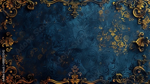 Timeless Regency Background with Rich Navy and Gold Patterns and a Gilded Frame with Scrollwork