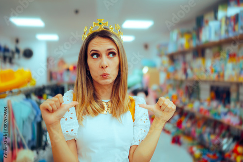 Customer is the King in a Store Wearing Golden Crown. Client acting snobbish and egocentric pointing to herself 