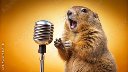 Funny gopher singing karaoke with vintage microphone, gopher, karaoke, microphone, singing, funny, performance, entertainment