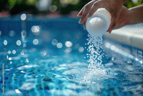 Service worker pouring salt in swimming pool water House and Hotels Maintenance of clean and disinfection pools