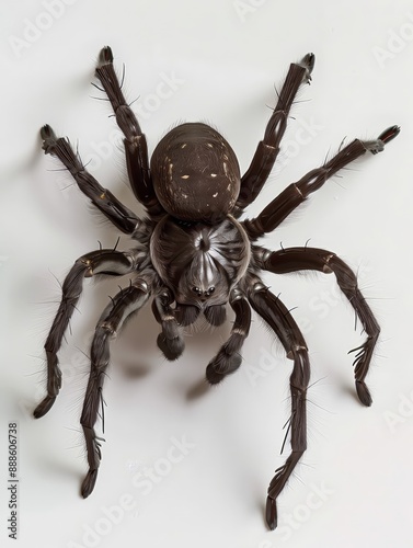 A detailed shot of a trapdoor spider on a white ba 77 spider, insect, isolated, animal, arachnid, macro, white, bug, brown, nature, tarantula, white background, arachnophobia, wildlife, hairy, close-u