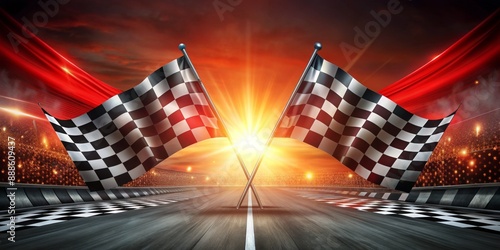 A checkered flag is flying in the air above a racetrack