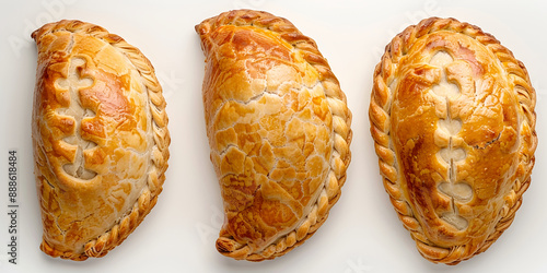  Isolated baked pasty on a white background, top view.