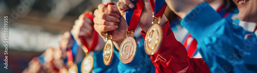 Close-up of athletes receiving medals on the podium, showing their emotions