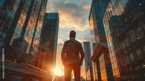 A successful, happy, wealthy businessman stands in a big city, a street, modern skyscrapers at sunset, thinking about his vision for the future.